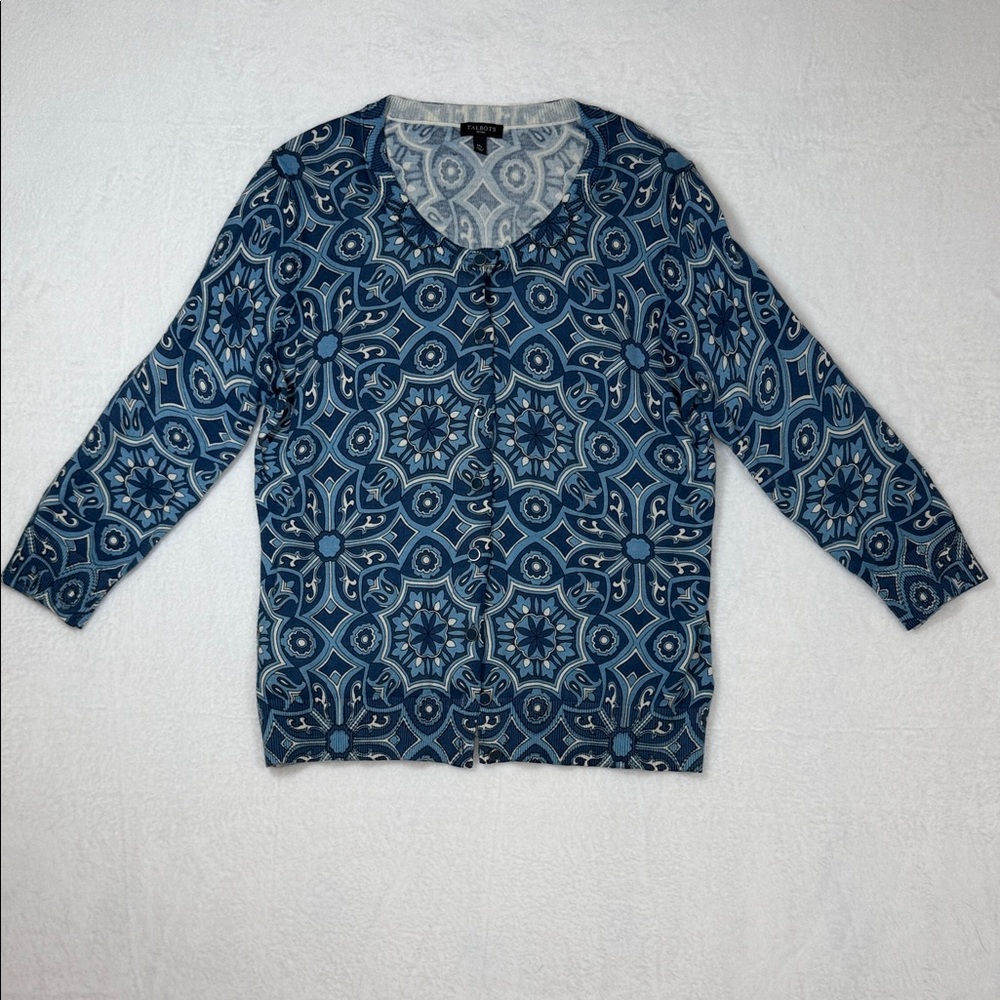 Talbots Blue and White Geometric Button Cardigan - Picture 2 of 10